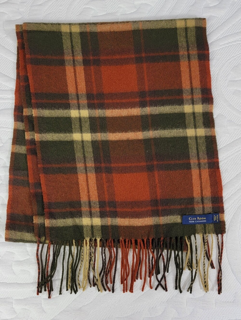 Club Room 100% Cashmere Plaid Fringe Scarf Rust Olive Cream Tartan 12" X 68"